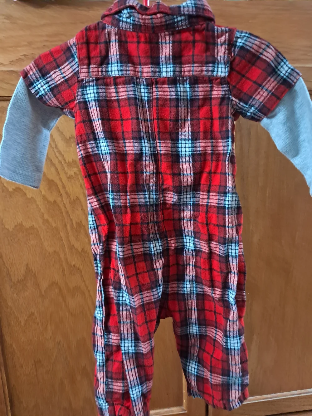 Kids Red Plaid One-Piece Romper with Heather Gray Sleeves